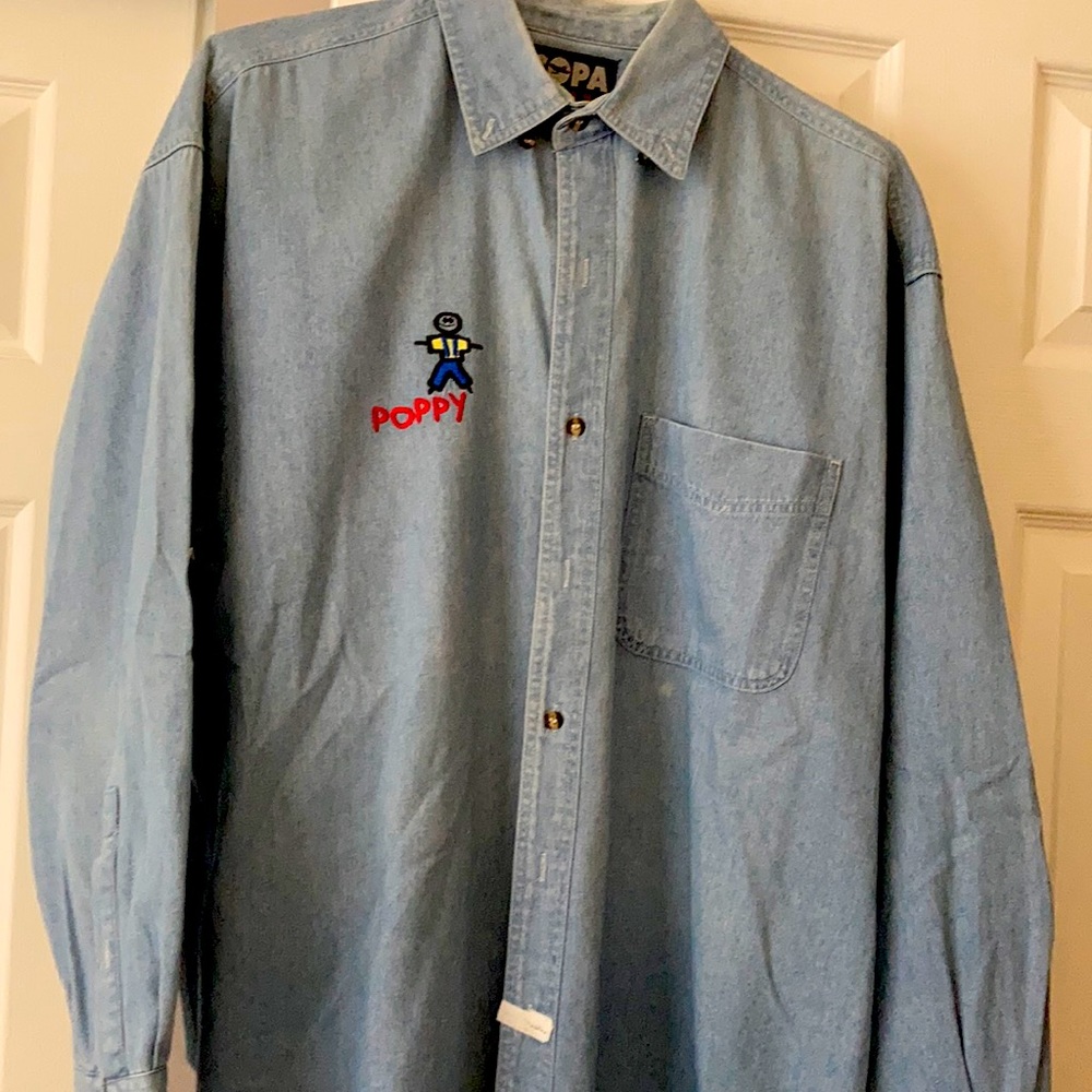 Men’s long sleeve button down washed denim shirt with embroidery of Poppy